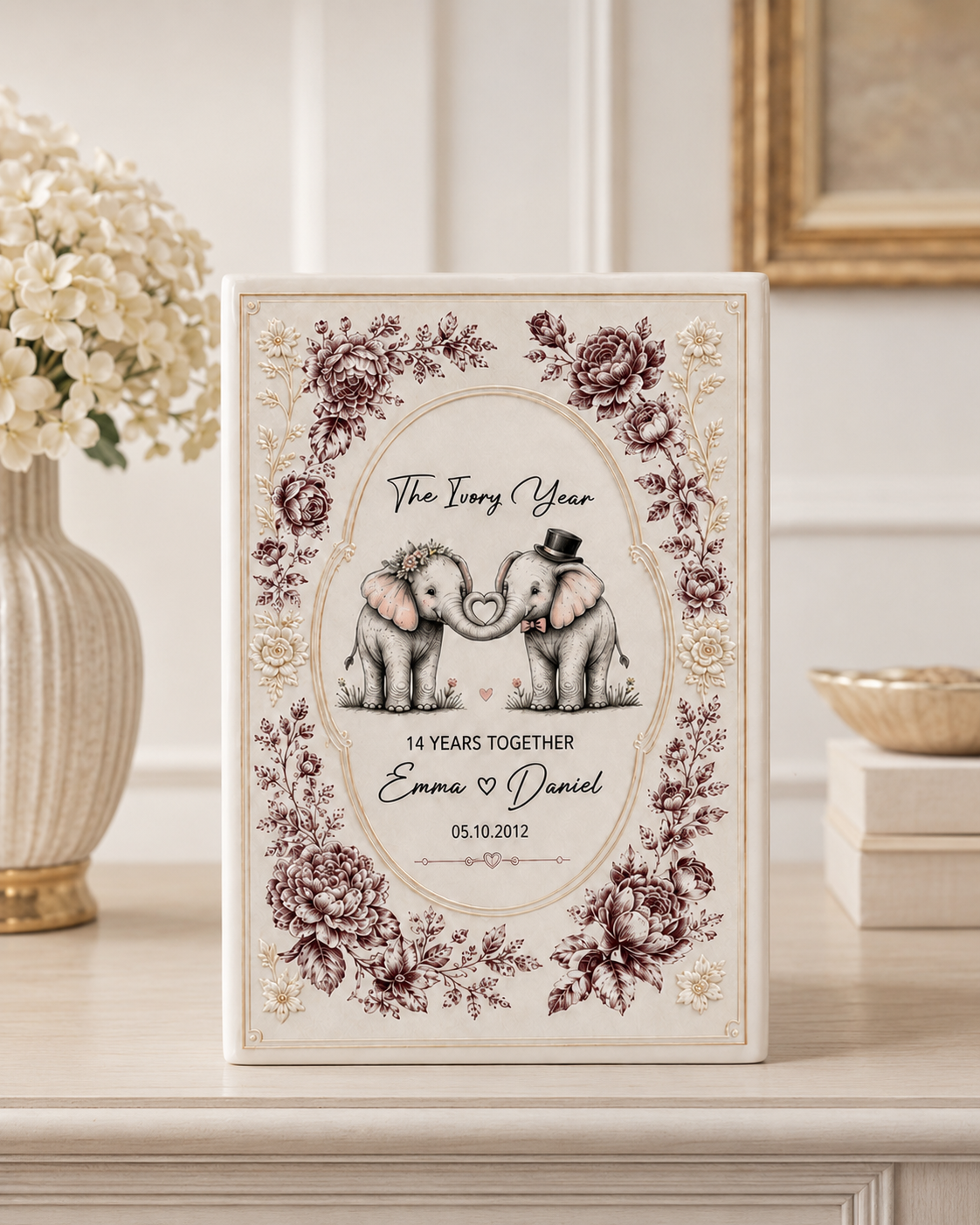 Personalized Elephant Couple Vase & Jewelry Dish, Custom Wedding Anniversary Gift, Romantic Love Story Keepsake Set