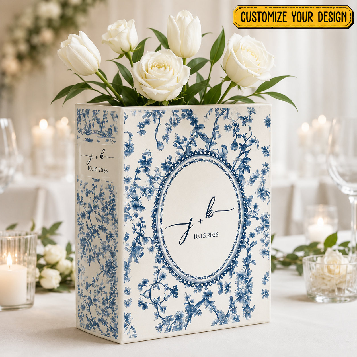 Personalized Wedding Ceramic Book Vase, Custom Wedding Vase, Toile de Jouy Vase, Couple Initial Gift, Bridal Shower Gift