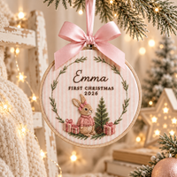 Personalized Bunny Wreath Ornament, Embroidered Bunny Baby First Christmas Name Hoop, Baby 1st Christmas Ornament, Baby Shower Gift