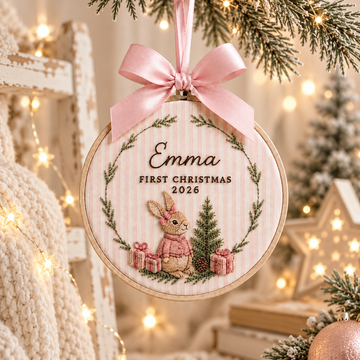 Personalized Bunny Wreath Ornament, Embroidered Bunny Baby First Christmas Name Hoop, Baby 1st Christmas Ornament, Baby Shower Gift