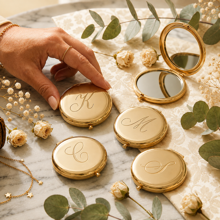 Personalized Gold Compact Mirror for Bridesmaids, Custom Engraved Monogram Pocket Makeup Mirror