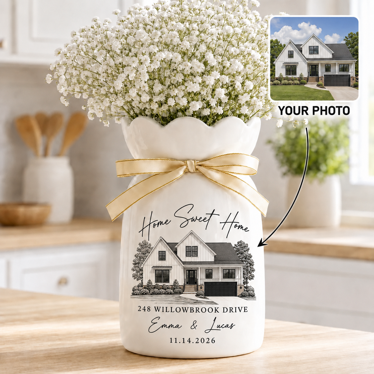 Personalized Housewarming Gift Ceramic Vase, Custom House Portrait from Photo,  New Home Keepsake Decor