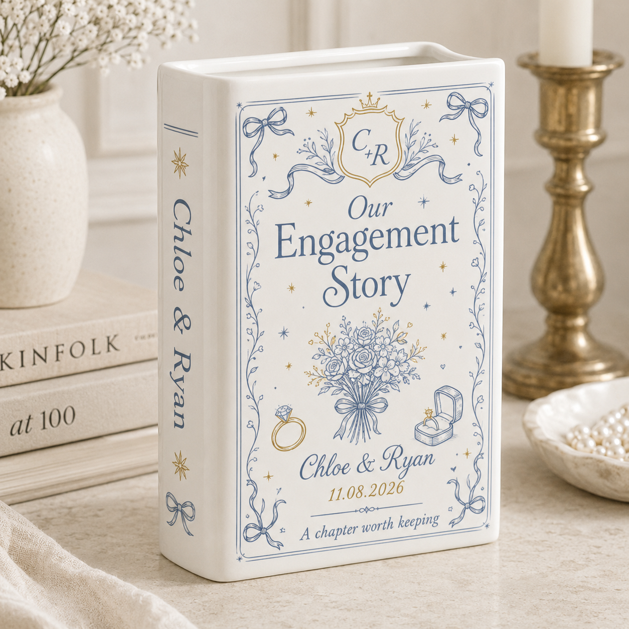 Personalized Engagement Ceramic Book Vase, Custom Couple Names and Date, Engaged Gift for Bride to Be, Wedding Couple Gift