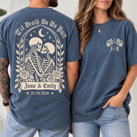 Personalized Til Death Couple Shirts, Custom Skeleton Wedding Tees, Names & Date, Gothic Bride Groom Matching Shirts