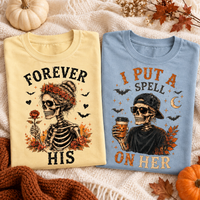 Matching Halloween Couple Shirts - I Put a Spell on Her & Forever His Skeleton Tees, Spooky Couples Gift