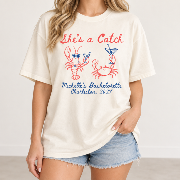 She’s a Catch Bachelorette Shirt, Personalized Lobster Bride Comfort Colors Tee, Custom Coastal Bach Party Outfit, Beach Bridal Top
