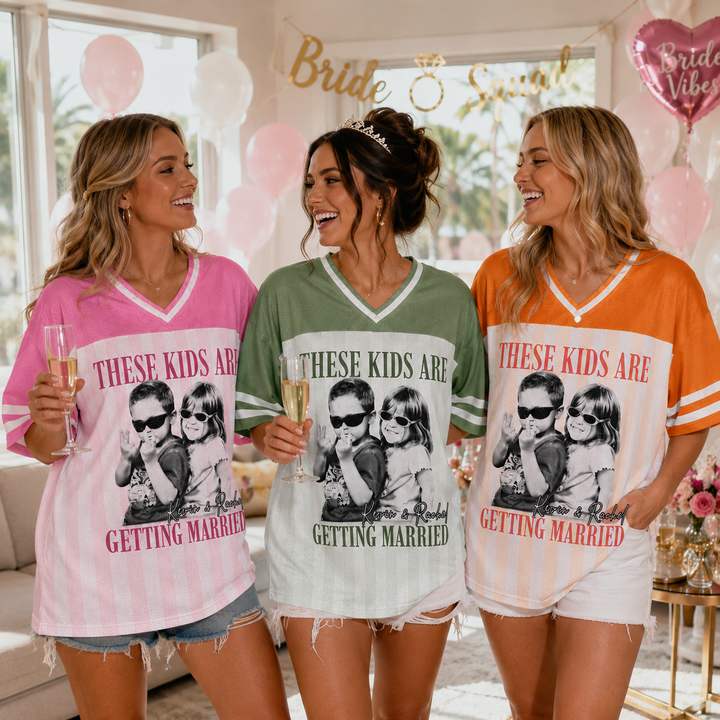 Personalized These Kids Are Getting Married Football Jersey, Custom Childhood Couple Photo Names & Number Shirt for Bachelorette Party, Wedding Weekend