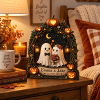 Custom Halloween Ghost Couple Wooden Block, Personalized Names Date Spooky Love Decor, Pumpkin Wedding Anniversary Gift