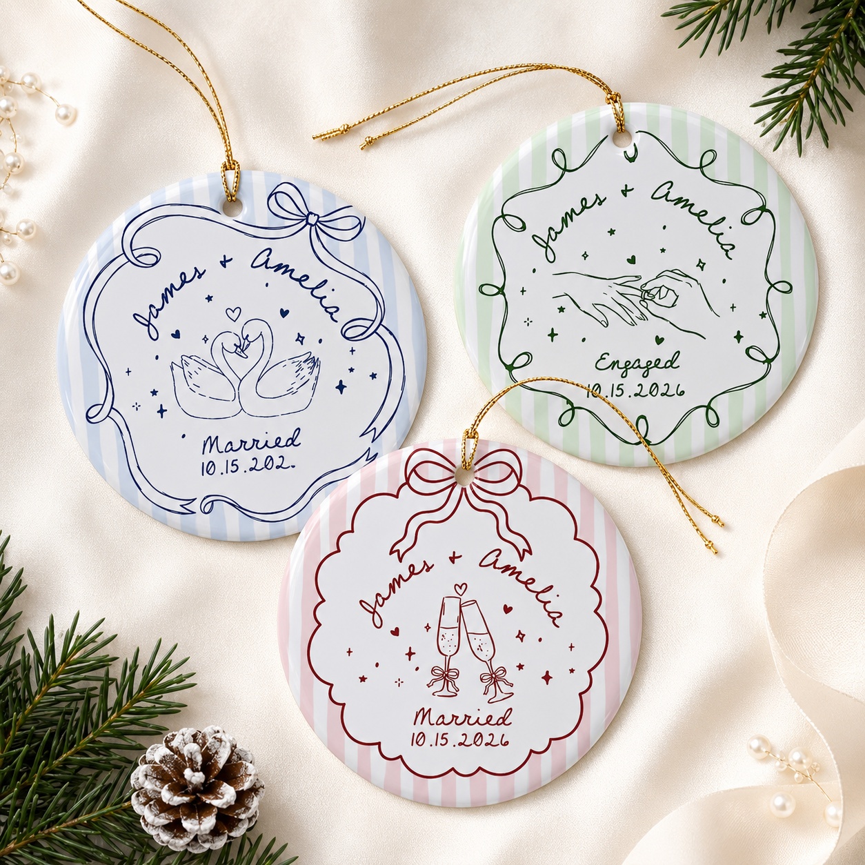 Personalized Ceramic Ornament for Engaged Couples, Custom Names & Date Engagement Keepsake, Wedding Gift for Bride & Groom