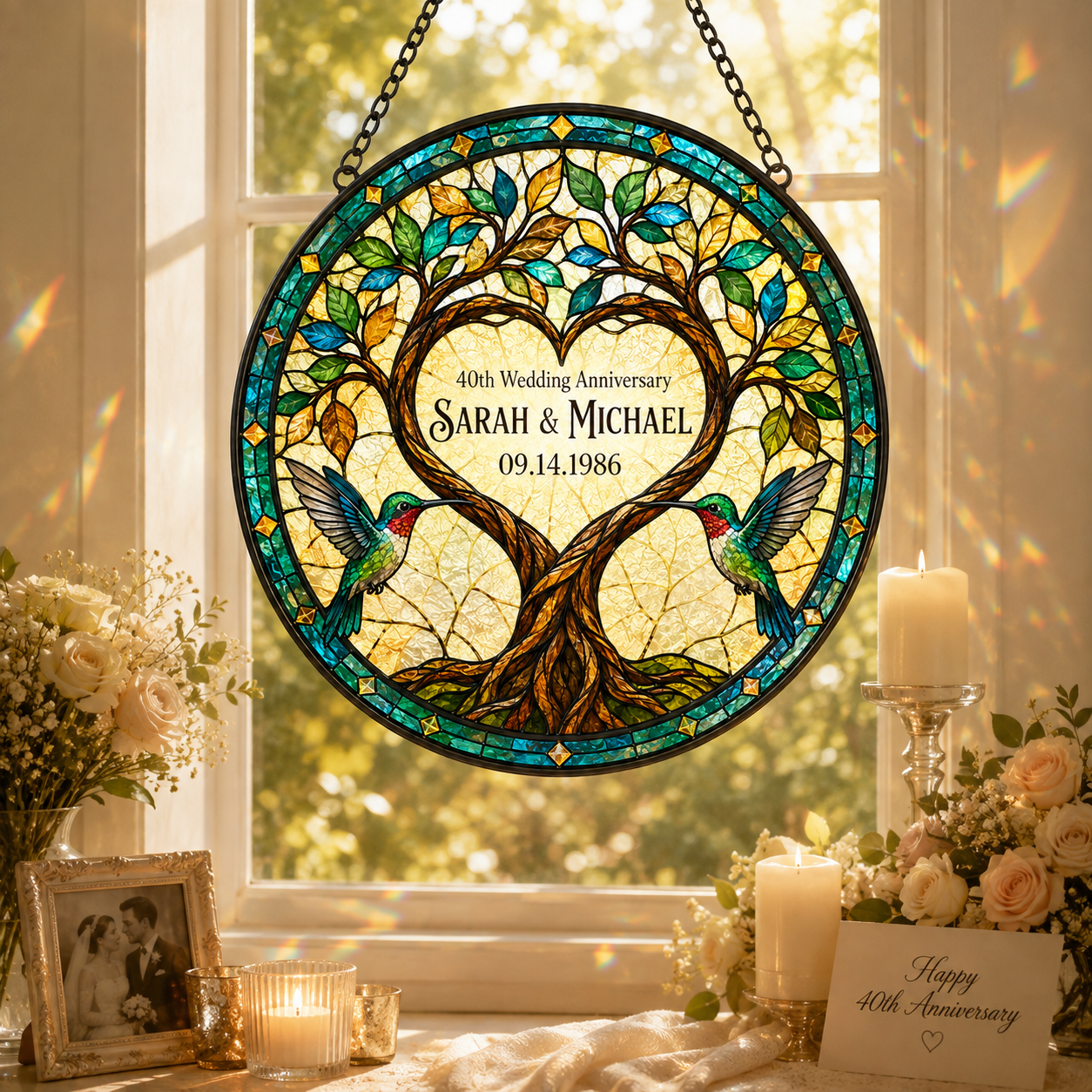 Personalized Wedding Anniversary Tree of Life Hummingbird Stained Glass Suncatcher, Custom Couple Names Date