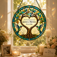 Personalized Wedding Anniversary Tree of Life Hummingbird Stained Glass Suncatcher, Custom Couple Names Date