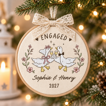 Personalized Embroidered Wedding Goose Ornament, Custom Names Year, First Christmas Hoop, Funny Engagement Gift,Silly Geese Engaged Keepsake