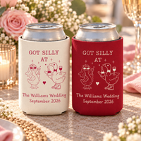 Personalized Silly Goose Wedding Can Cooler - Custom Couple Name & Date Party Favor