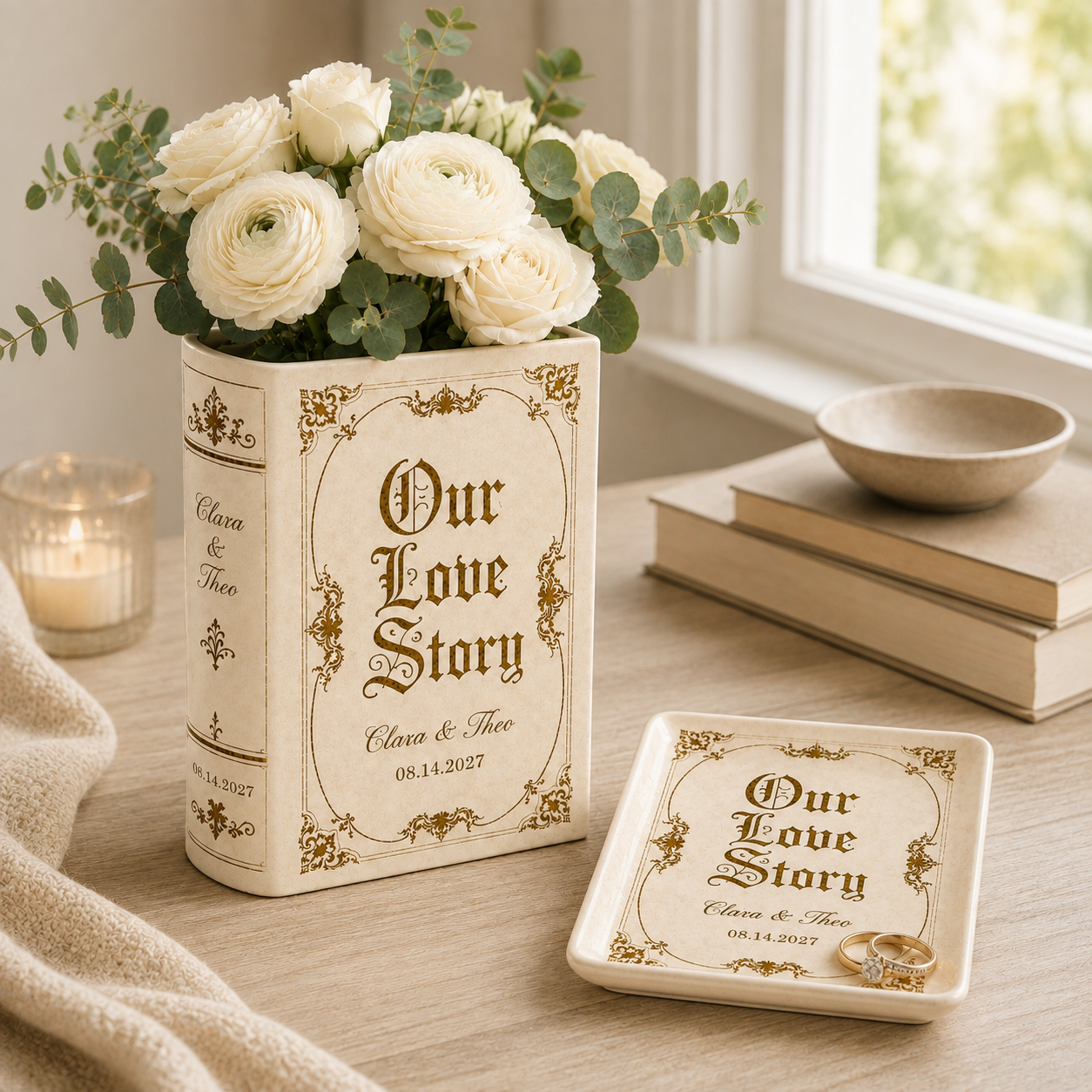 Personalized Vintage Wedding Book Vase & Jewelry Dish Set, Custom Couple Names & Wedding Date Flower Vase, Romantic Centerpiece,  Couple Keepsake