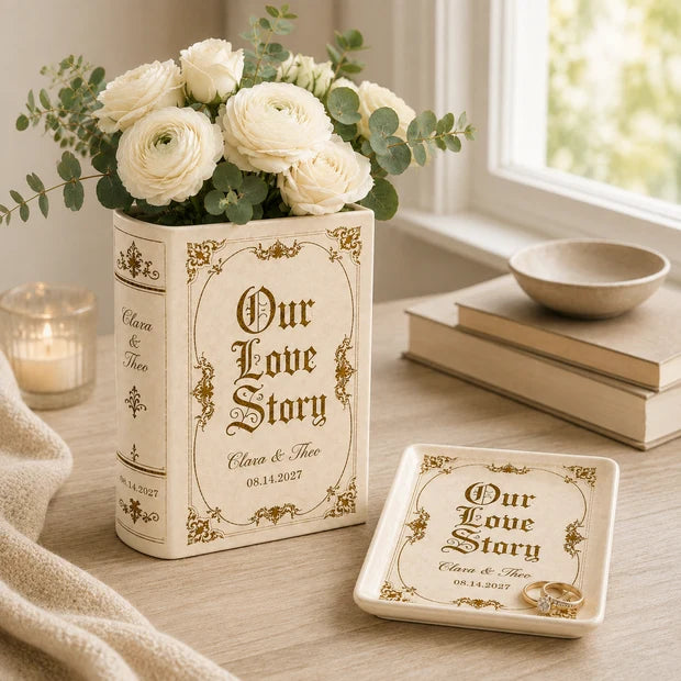 Personalized Love Story Book Vase, Custom Wedding Gift for Couple, Bridal Shower Gift