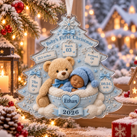Personalized Baby & Teddy Birth Stats Tree Ornament – First Christmas