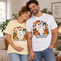 Growing a Little Boo Pregnancy Announcement Couple Shirts, The Man Behind the Little Boo Matching Tees, Halloween Mom & Dad T-Shirts
