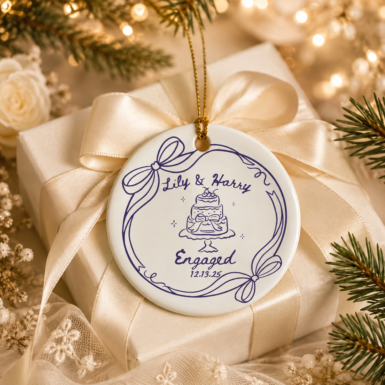 Personalized Engagement Ceramic Ornament for Couples, Custom Names & Date Keepsake, Wedding Gift for Bride & Groom