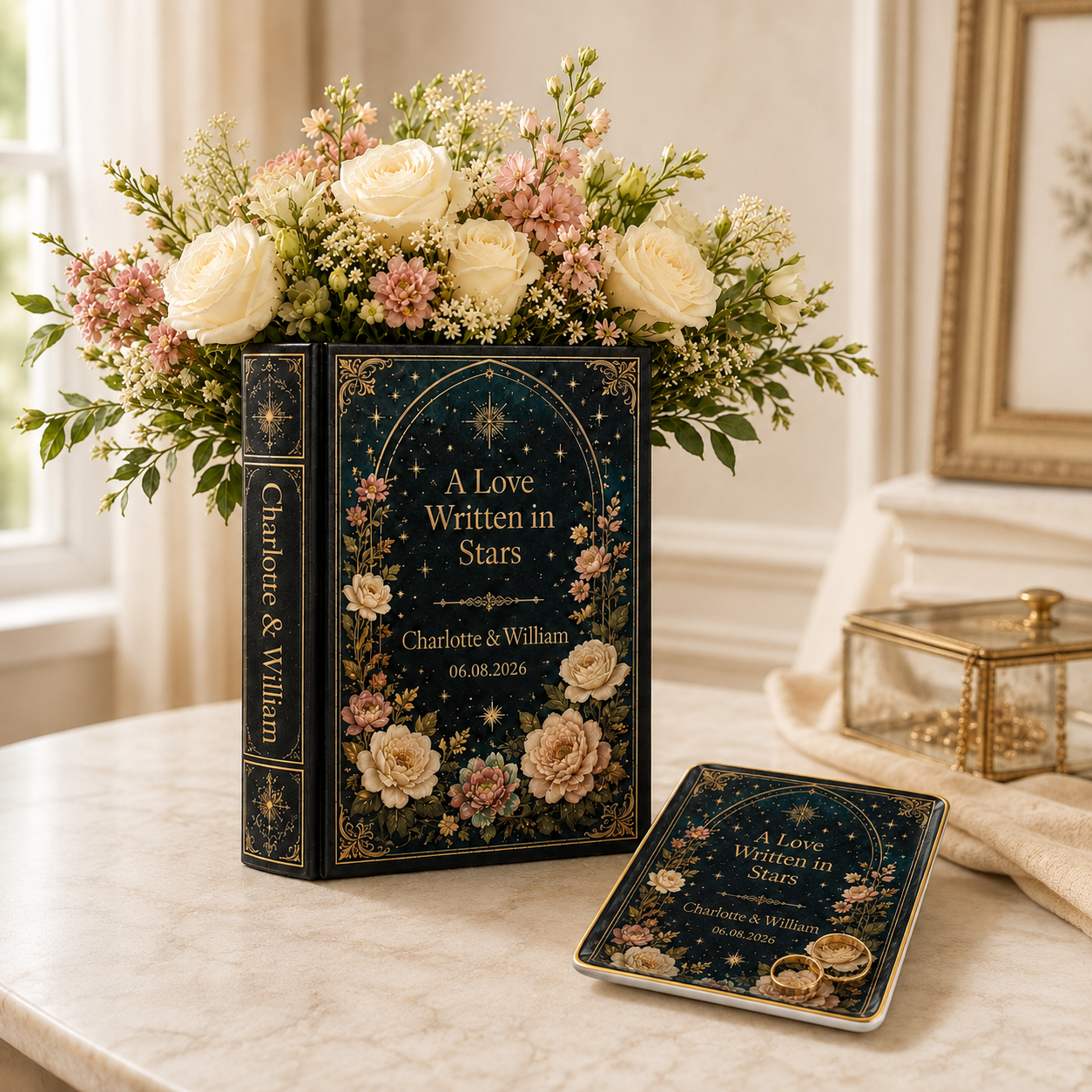 Custom Wedding Book Vase, Personalized Couple Name Flower Vase, Gothic Floral Ceramic Book Vase