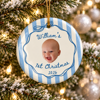 Personalized Striped Baby Photo Ornament – Baby's First Christmas