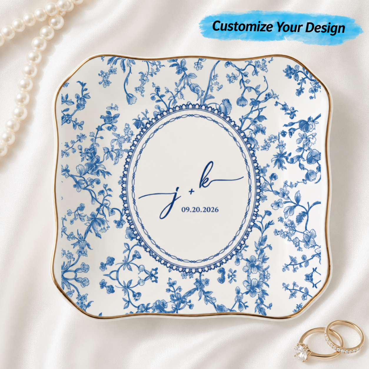 Personalized Toile De Jouy Jewelry Dish With Date- Gift for Bride, Bridesmaid, Bachelorette Trip, Bridal Shower Gift (Copy)