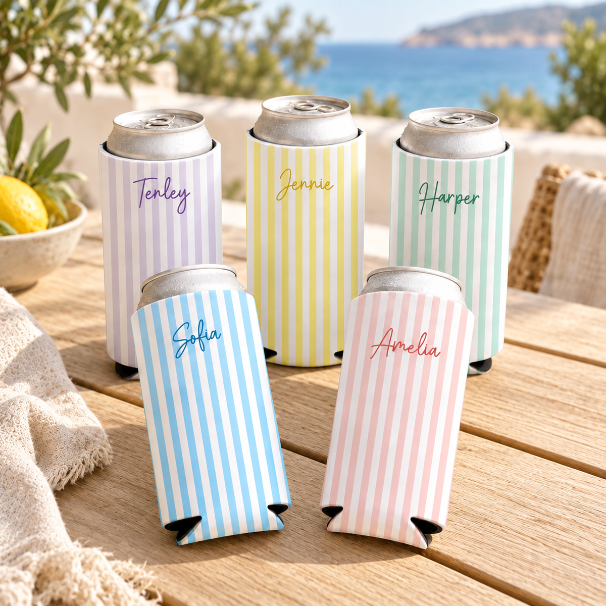 Personalized Pastel Striped Can Coolers, Custom Name Party Favors product image 3