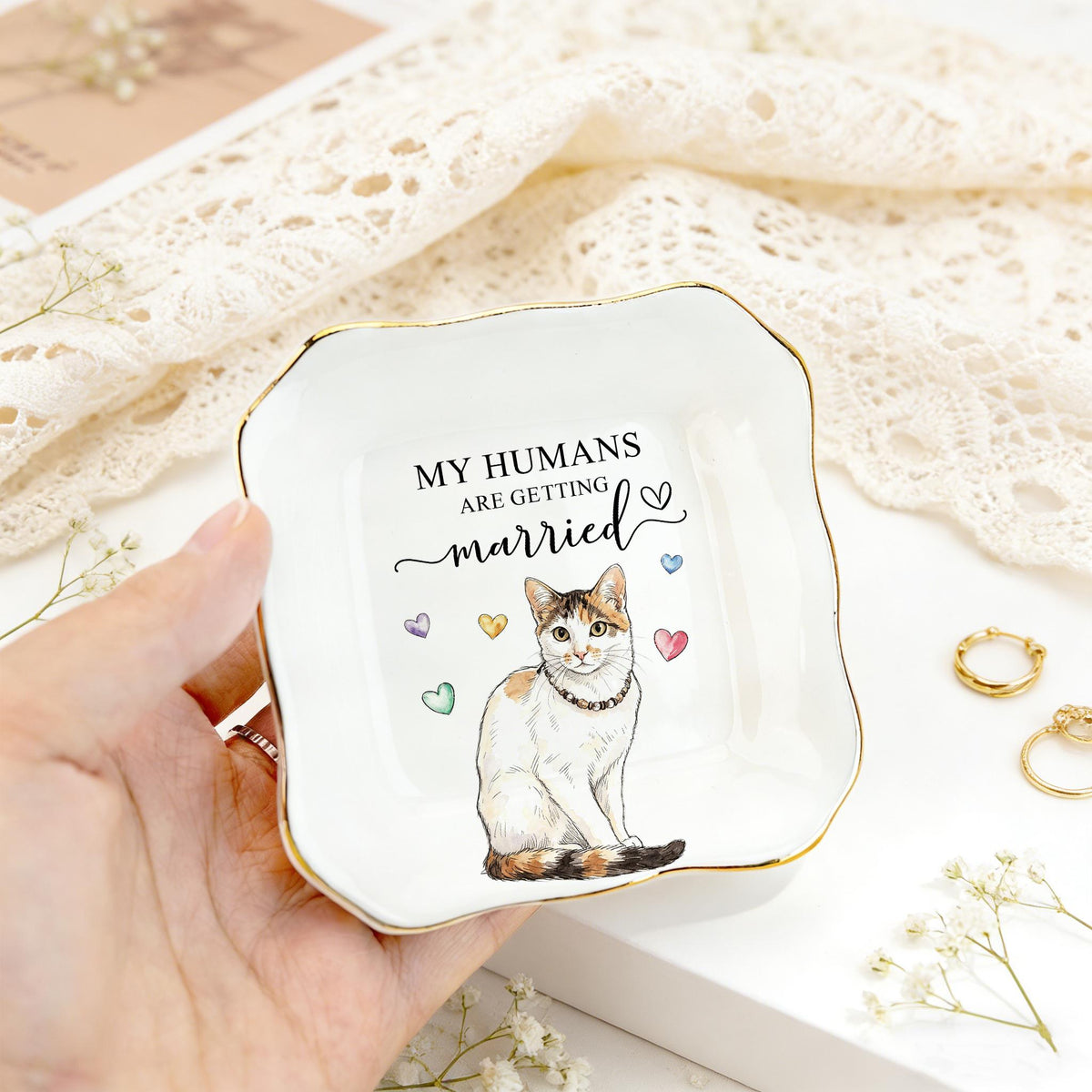 Custom cat portrait lace square jewelry dish