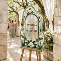 Emerald Green Floral Stained Glass Wedding Welcome Sign, Custom Couple Names, Text and Date, Personalized Reception Decor