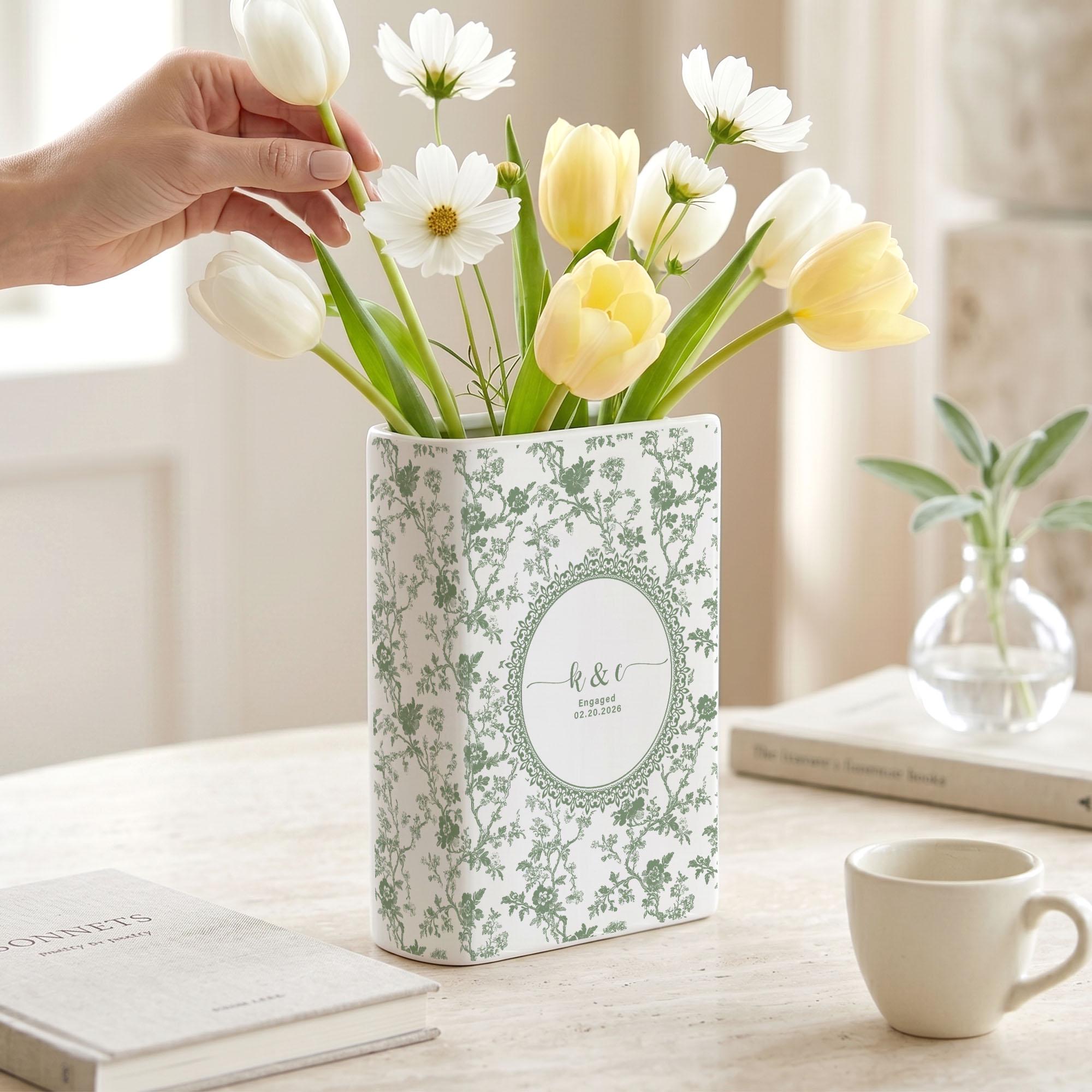 Personalized Wedding Ceramic Book Vase, Custom Wedding Vase, Toile de Jouy Vase, Couple Initial Gift, Bridal Shower Gift
