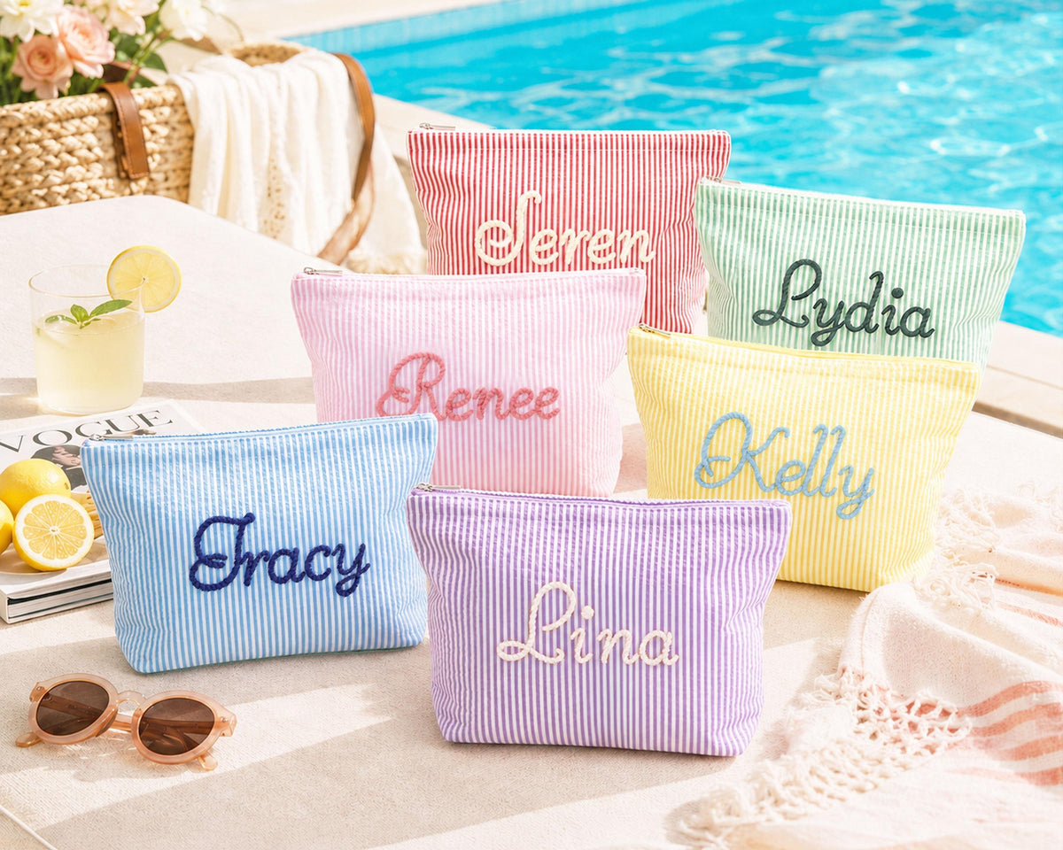 Personalized pastel seersucker makeup bags for bridesmaids and bridal parties