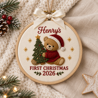 Personalized Baby’s First Christmas Ornament, Custom Name & Year Woodland Embroidery Keepsake, Baby’s 1st Xmas Gift