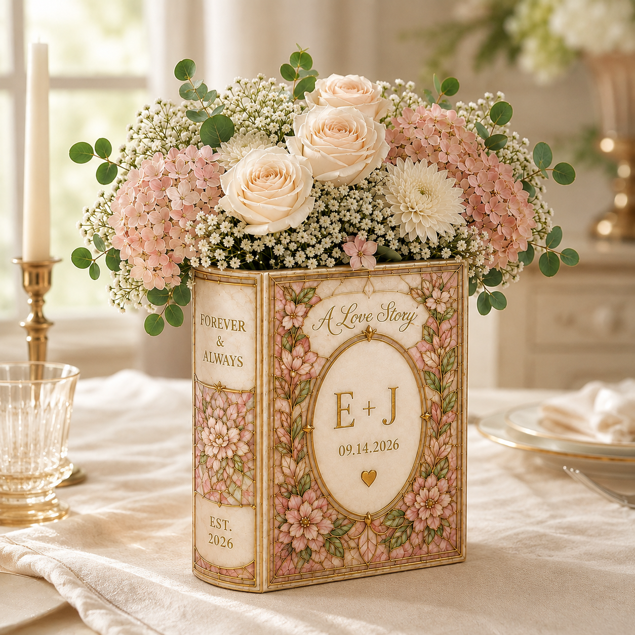 Personalized Floral Ceramic Book Vase, Custom Initials and Wedding Date, A Love Story Vase, Engagement, Wedding and  Anniversary Gift
