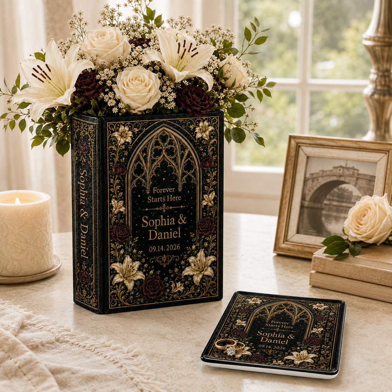 Custom Wedding Book Vase, Personalized Couple Name Flower Vase, Gothic Floral Ceramic Book Vase