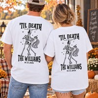Personalized Til Death And Beyond Skeleton Couple Shirts, Custom Last Name Wedding Date Tees, Mr & Mrs Halloween Wedding Shirts, Newlywed Gift