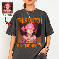 Personalized This Witch Is Getting Hitched Shirt, Custom Photo Halloween Bride Tee, Funny Bachelorette Party Shirt, Bride To Be Gift