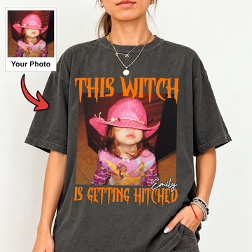 Personalized This Witch Is Getting Hitched Shirt, Custom Photo Halloween Bride Tee, Funny Bachelorette Party Shirt, Bride To Be Gift