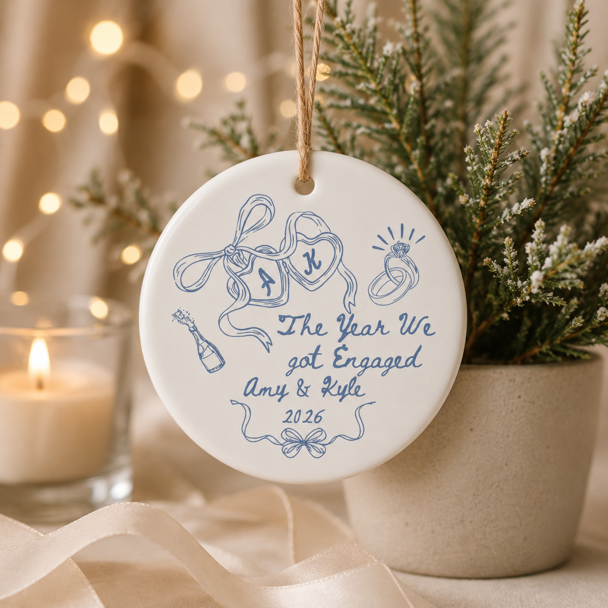 Personalized Engagement Ceramic Ornament, Custom Names & Year Keepsake for Couples, The Year We Got Engaged Gift for Bride-to-Be