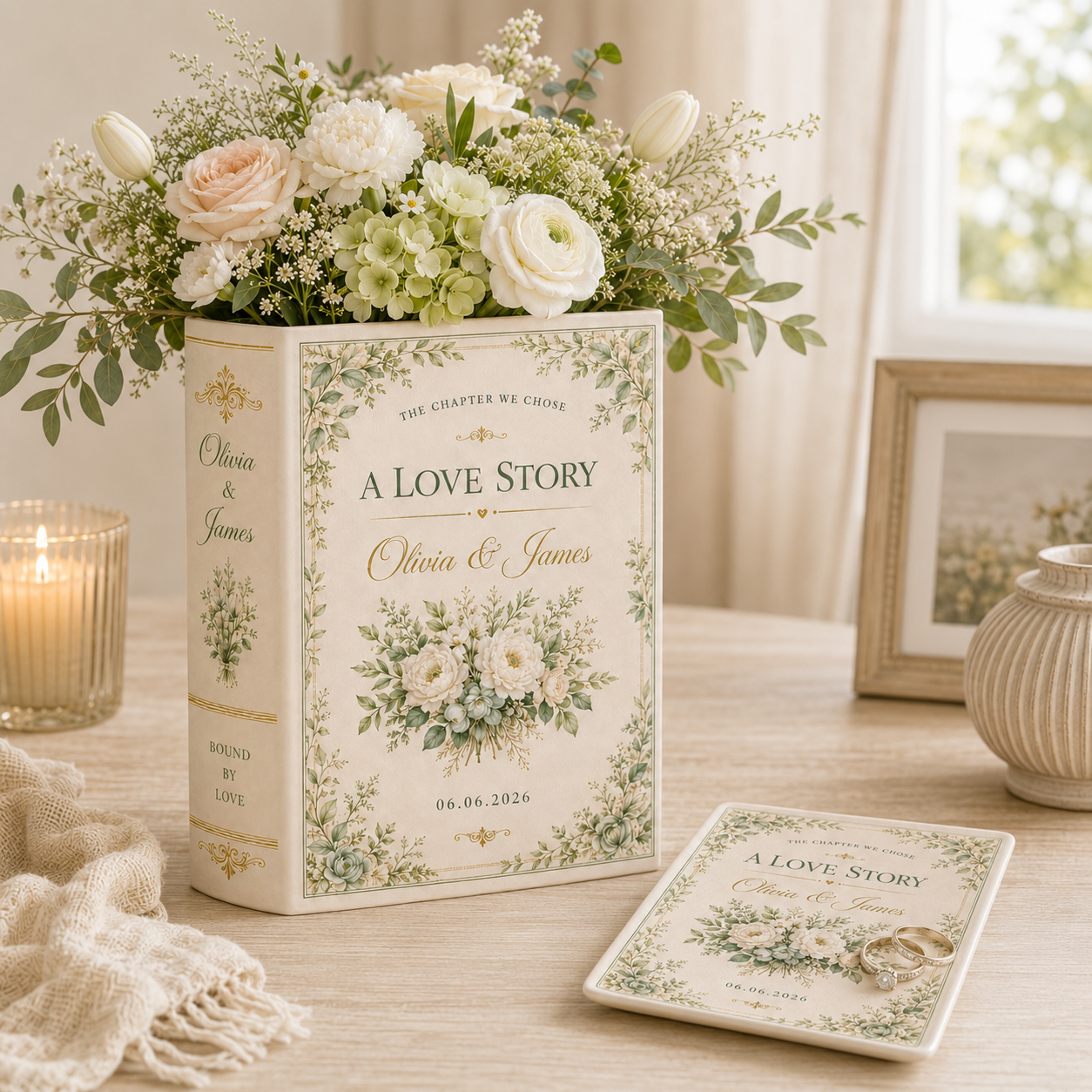 Personalized Ceramic Book Vase & Jewelry Dish Set , Custom Wedding Love Story Flower Vase With Names and Wedding Date