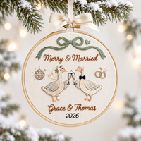 Personalized Merry & Married Goose Christmas Ornament, Custom Wedding Couple Embroidery Hoop