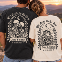 Personalized Til Death Couple Shirts, Custom Skeleton Wedding Tees, Names & Date, Gothic Bride Groom Matching Shirts