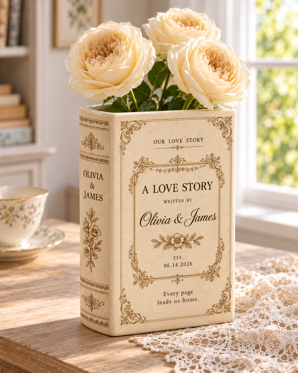 Personalized A Love Story ceramic book vase with roses