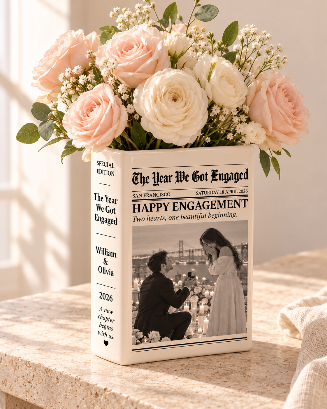 Personalized The Year We Got Engaged photo ceramic book vase with flowers