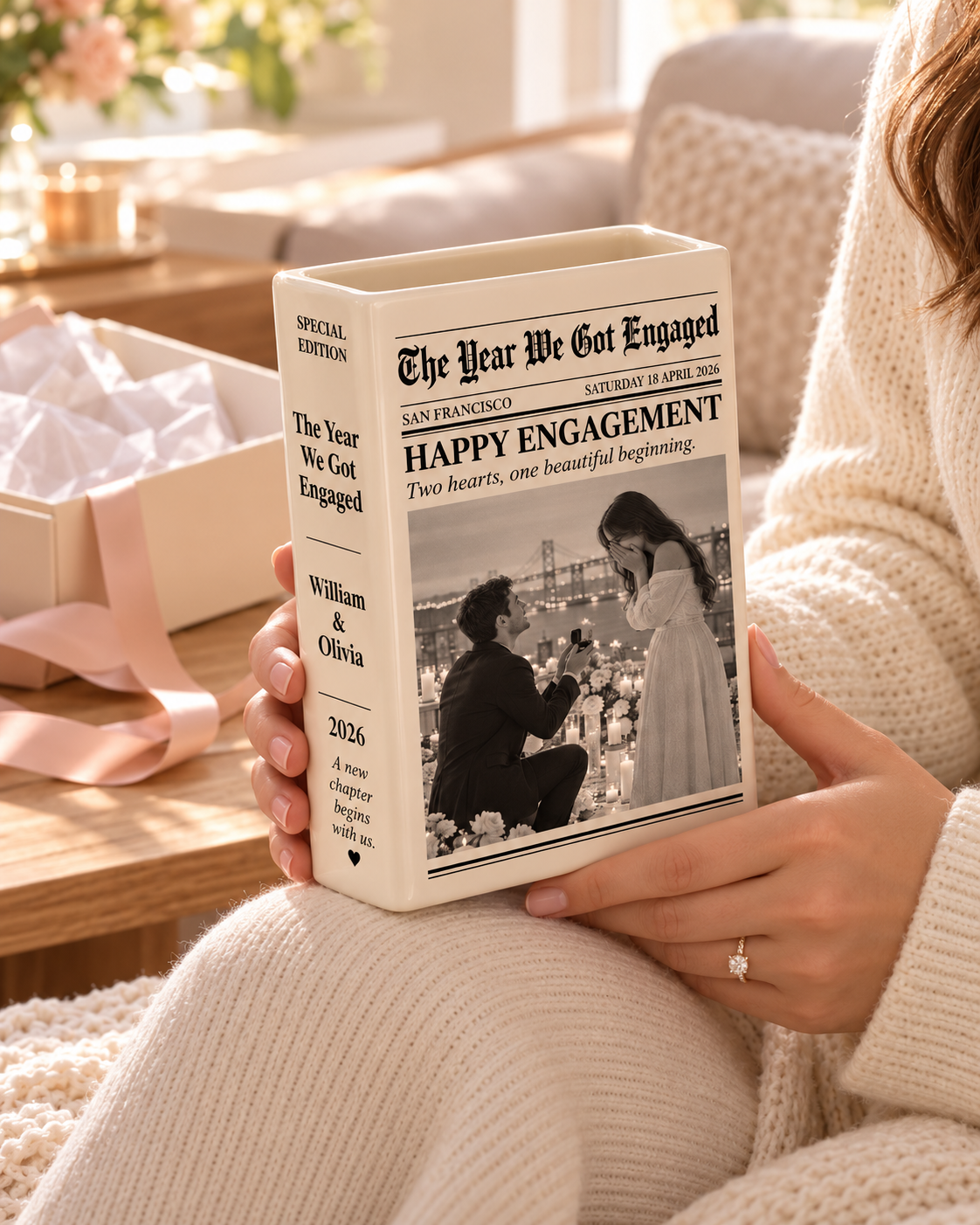 Personalized photo engagement book vase gift for couple