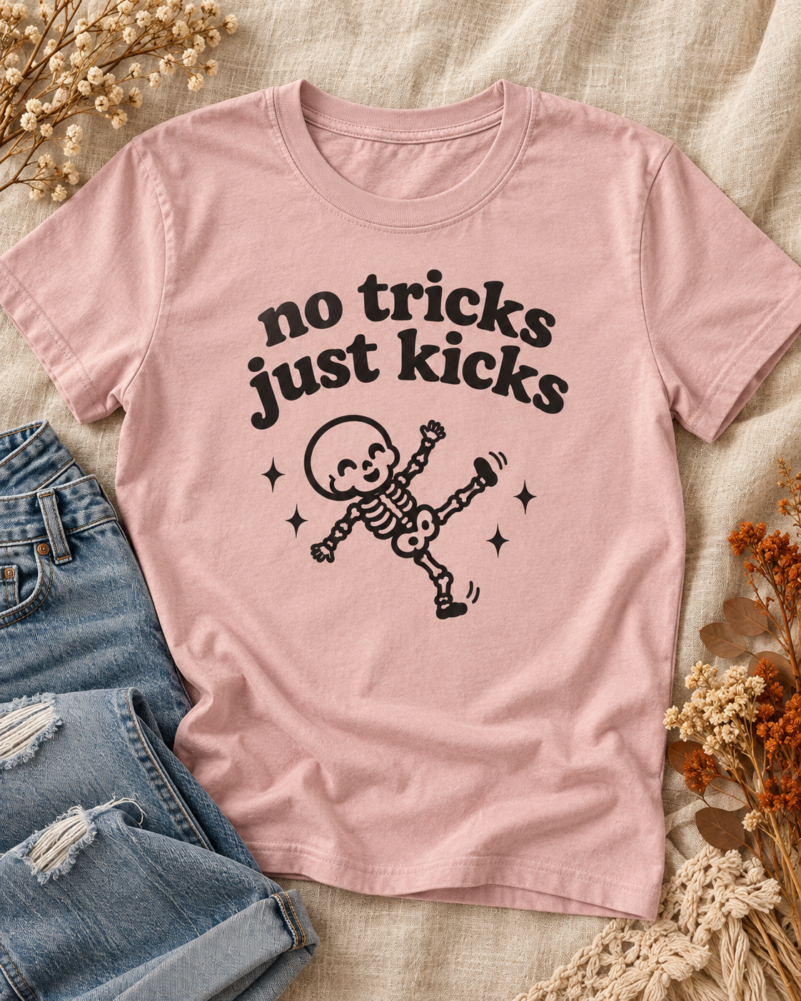No Tricks Just Kicks pregnancy skeleton Comfort Colors tee in Blossom