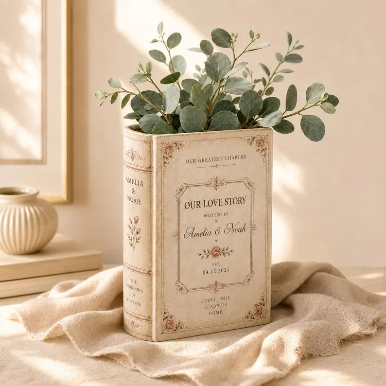 Personalized Ceramic Book Vase, Custom Wedding Flower Vase, Couple Initials Gift, Personalised Wedding Gift for Couple