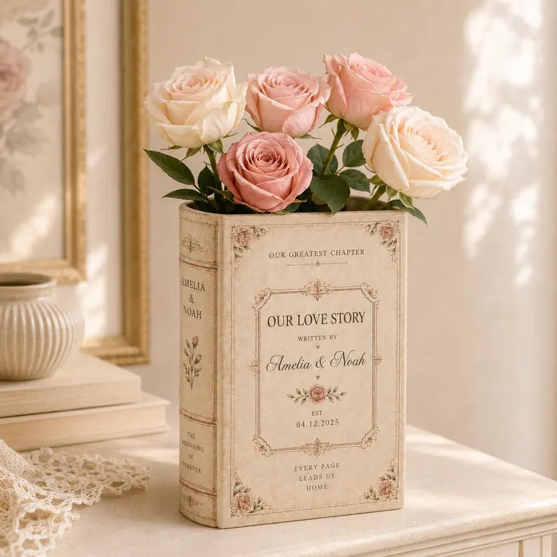 Personalized Ceramic Book Vase, Custom Wedding Flower Vase, Couple Initials Gift, Personalised Wedding Gift for Couple