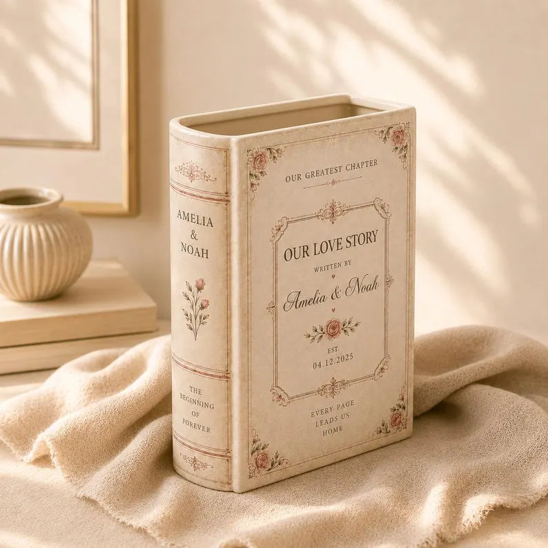 Personalized Ceramic Book Vase, Custom Wedding Flower Vase, Couple Initials Gift, Personalised Wedding Gift for Couple