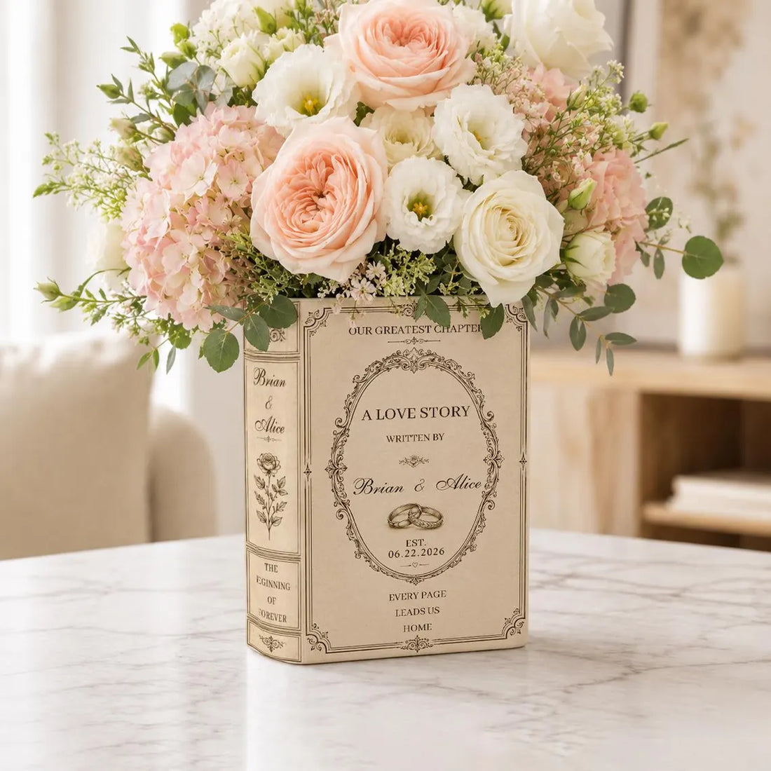 Custom Engagement Ceramic Book Vase, Wedding Gift for Couple, Wedding Flower Decor, Newlywed Gift, Engagement Decor, Custom Book Vase