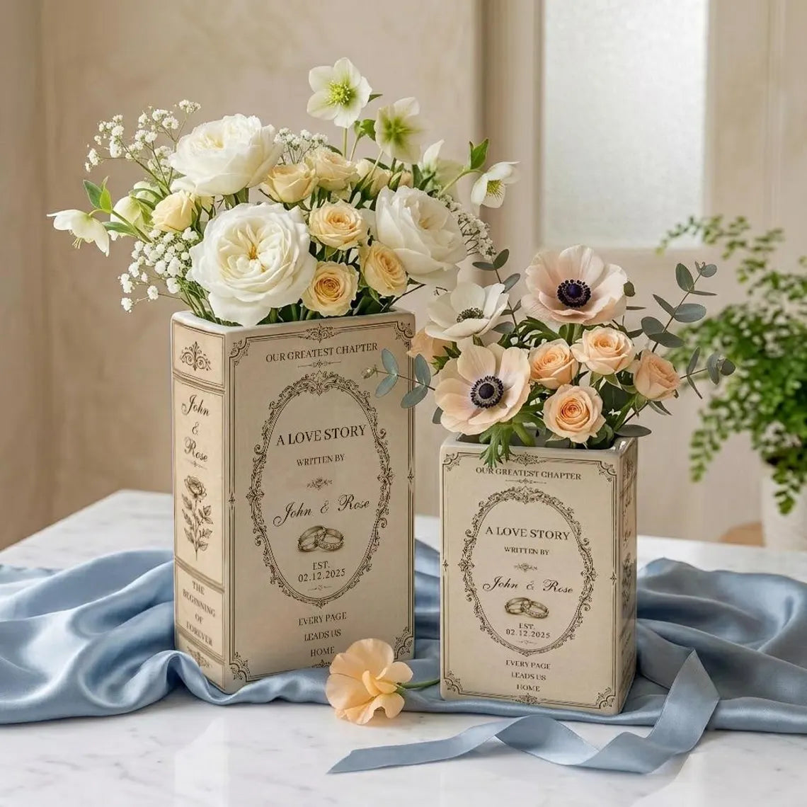 Custom Engagement Ceramic Book Vase, Wedding Gift for Couple, Wedding Flower Decor, Newlywed Gift, Engagement Decor, Custom Book Vase