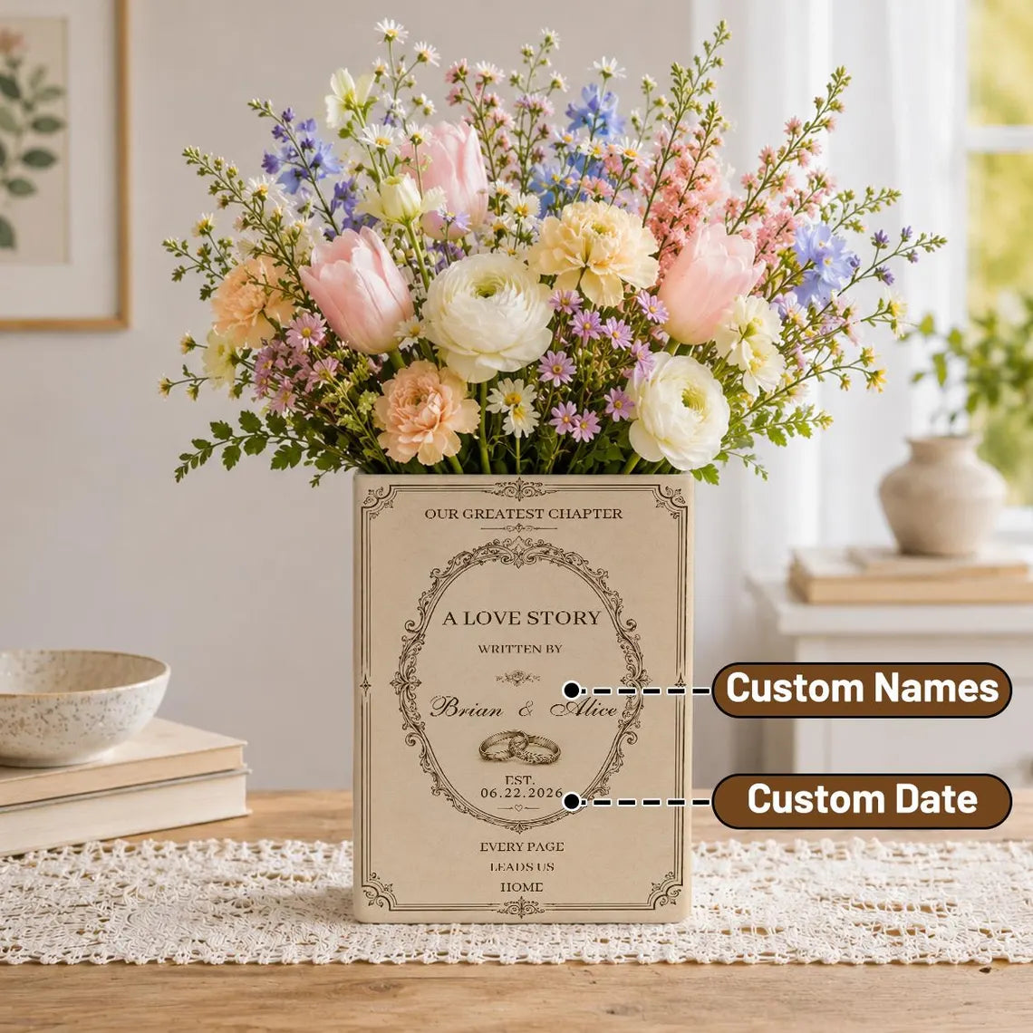 Custom Engagement Ceramic Book Vase, Wedding Gift for Couple, Wedding Flower Decor, Newlywed Gift, Engagement Decor, Custom Book Vase